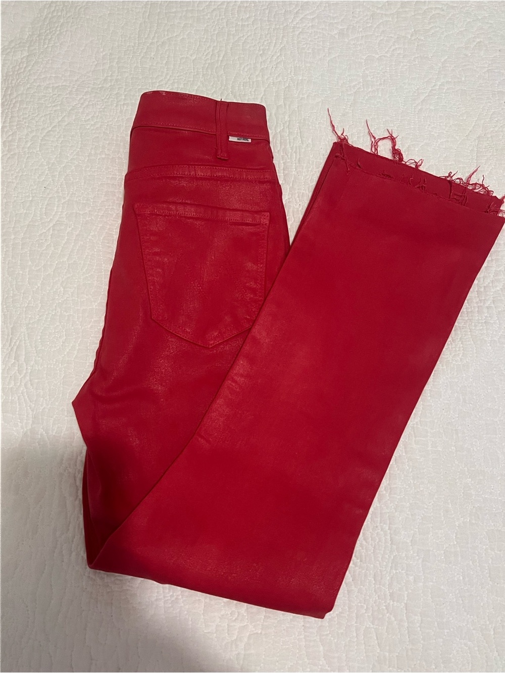 MOTHER Red Straight-Leg Jeans with Frayed Hem